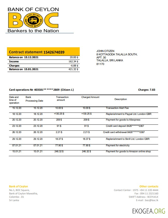 Modèle de relevé bancaire de la Sri Lanka Bank of Ceylan au format Word et PDF, bon pour prouver l'adresse